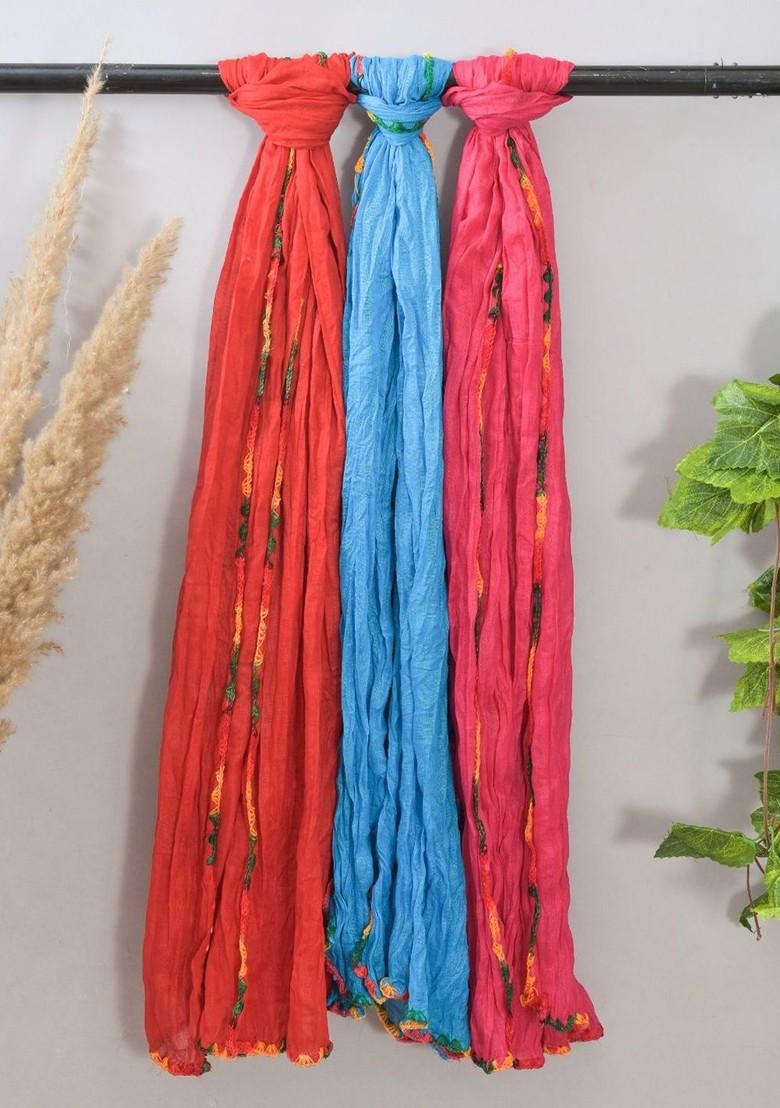 Red Poly Blend Pack Of 3 White Dupattas