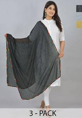 Beige Poly Blend Pack Of 3 White Dupattas