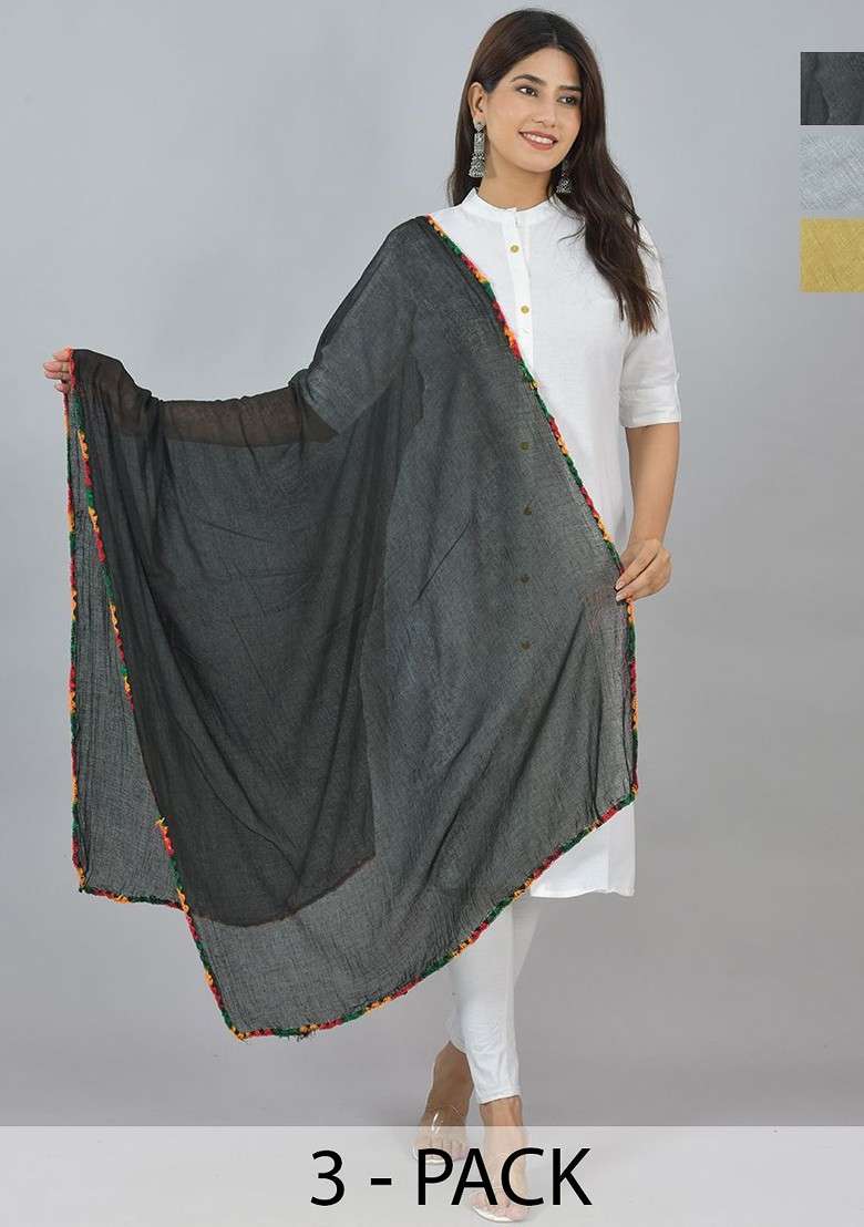Beige Poly Blend Pack Of 3 White Dupattas - Indya