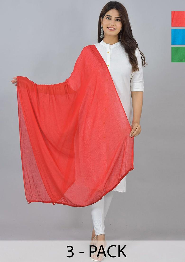 Red Poly Blend Pack Of 3 White Dupattas