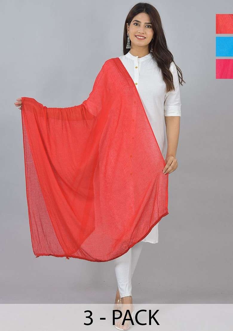 Blue Poly Blend Pack Of 3 White Dupattas - Indya