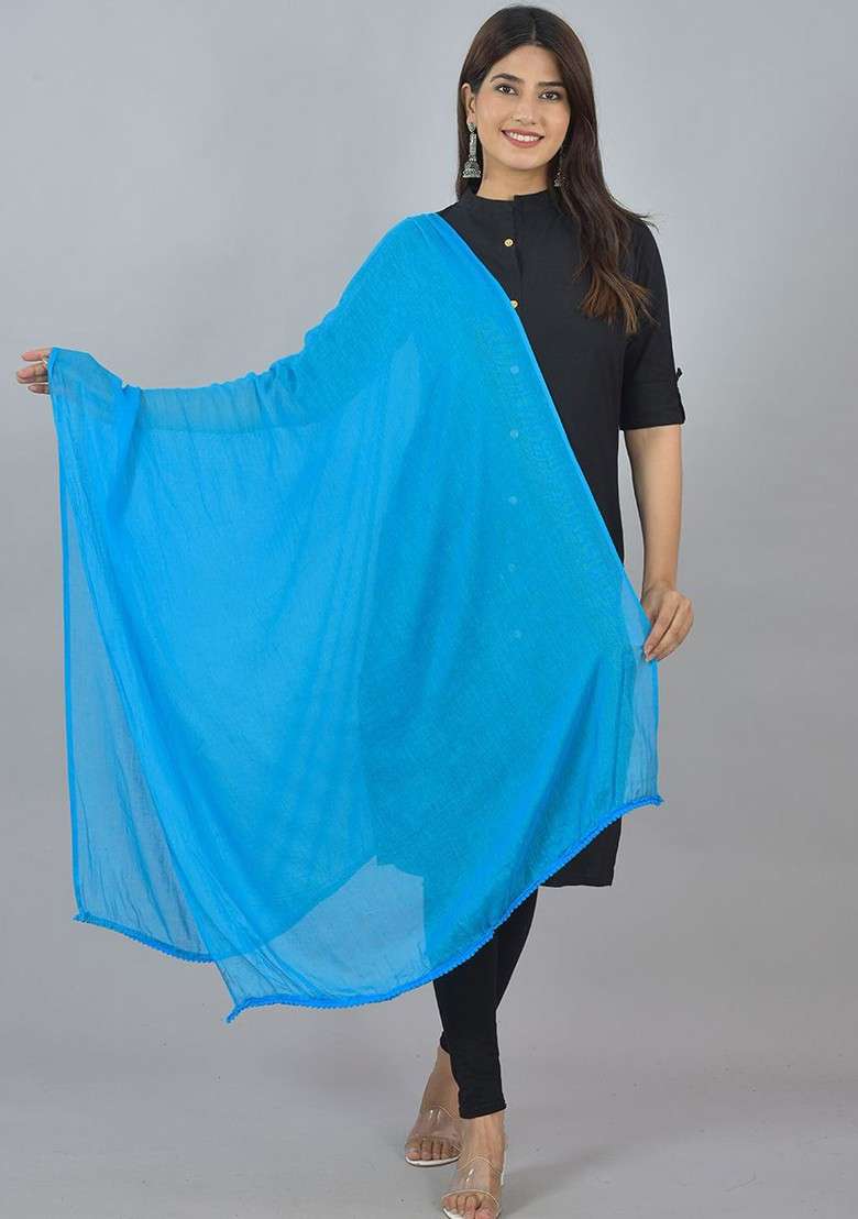 Blue Poly Blend Pack Of 3 White Dupattas - Indya