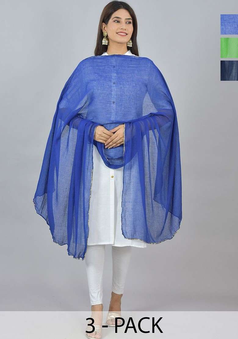Blue Poly Blend Pack Of 3 White Dupattas - Indya