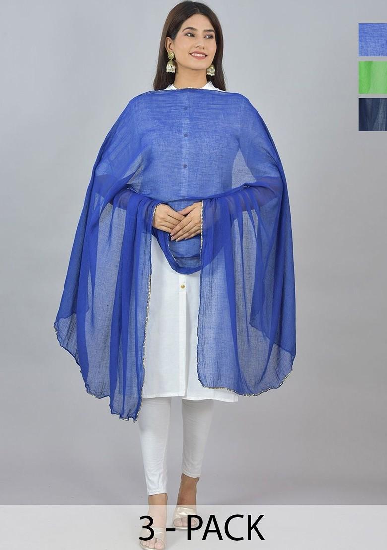 Blue Poly Blend Pack Of 3 White Dupattas