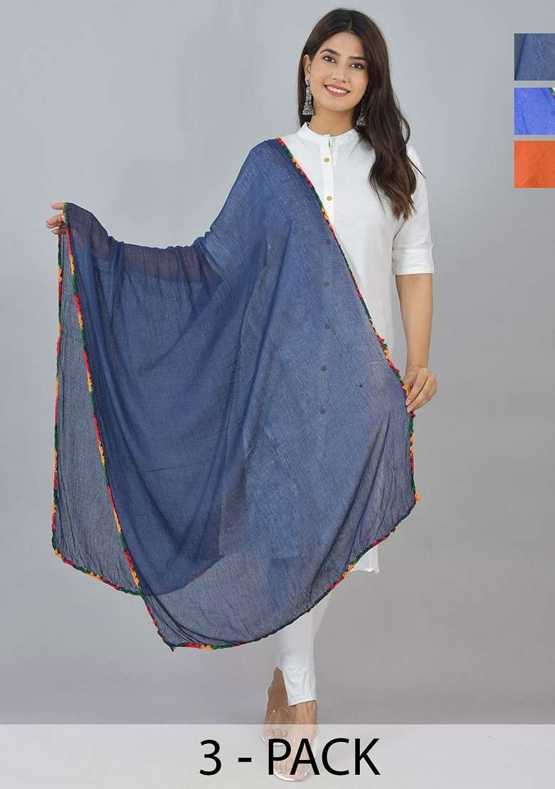 Blue Poly Blend Pack Of 3 White Dupattas - Indya