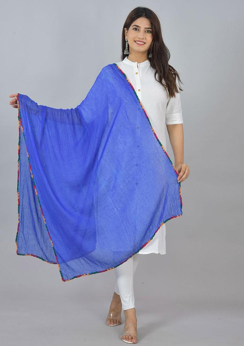 Blue Poly Blend Pack Of 3 White Dupattas
