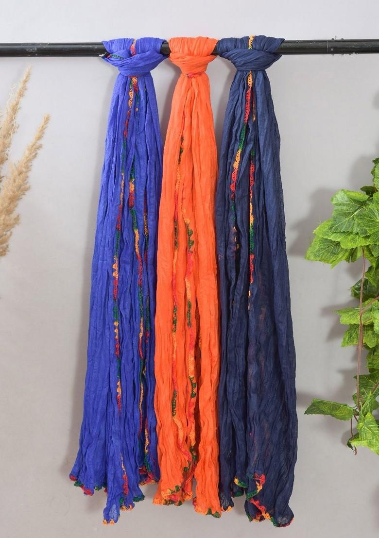 Blue Poly Blend Pack Of 3 White Dupattas