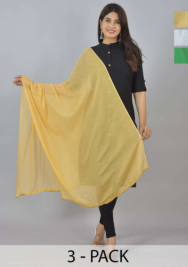 Green Poly Blend Pack Of 3 White Dupattas - Indya