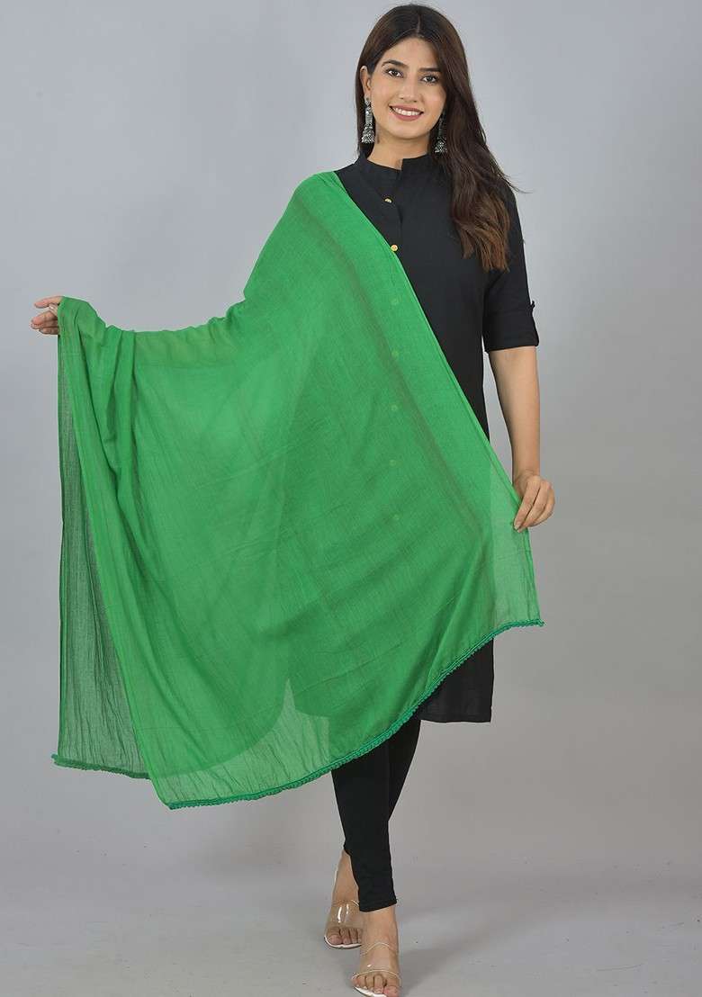 Green Poly Blend Pack Of 3 White Dupattas - Indya