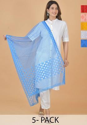 White Poly Blend Selection Of 5 Geometric Woven Design Dupatta