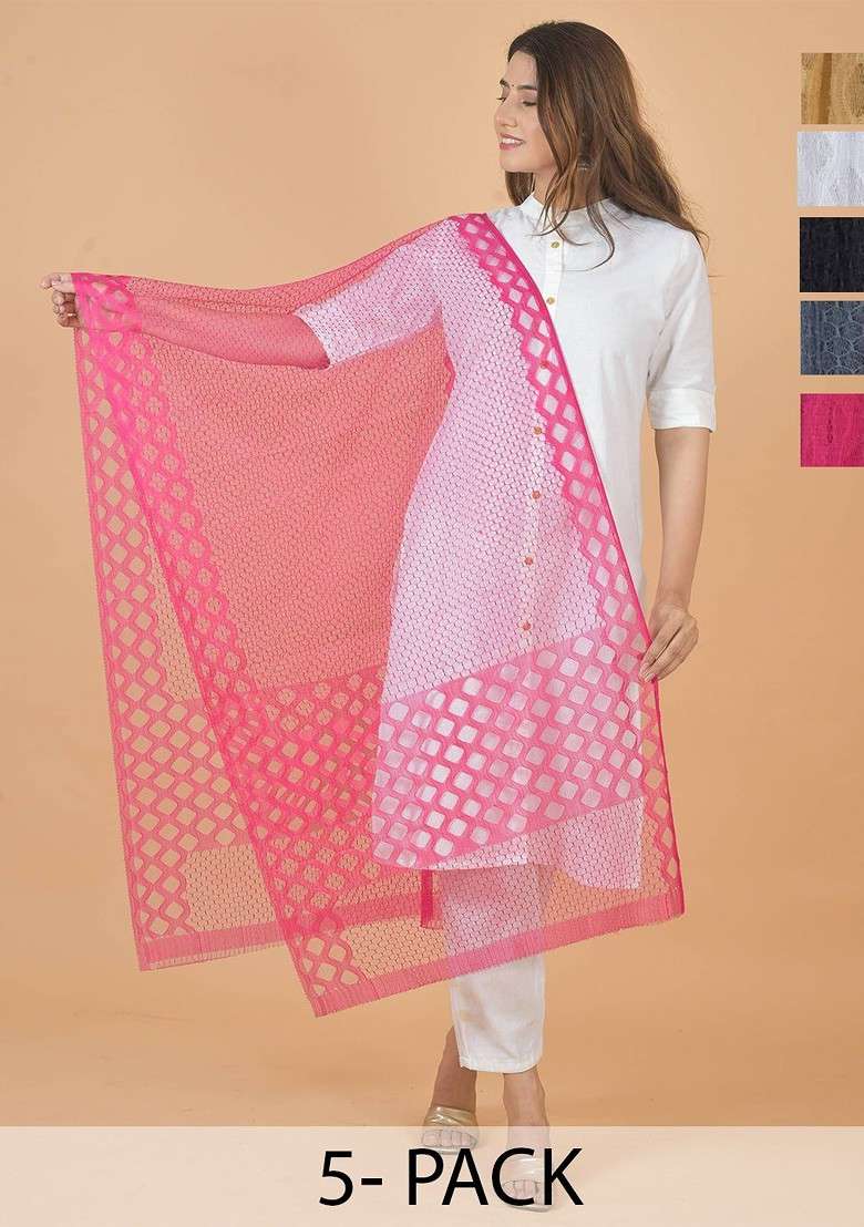 Pink Poly Blend Selection Of 5 Geometric Woven Design Dupattas - Indya