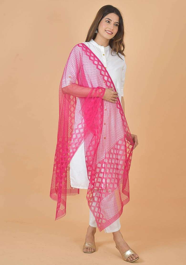 Pink Poly Blend Selection Of 5 Geometric Woven Design Dupattas - Indya