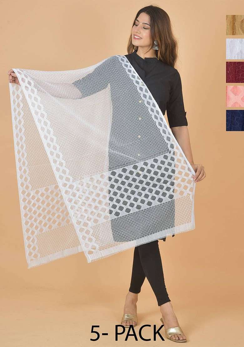 White Poly Blend Selection Of 5 Geometric Woven Design Dupatta - Indya