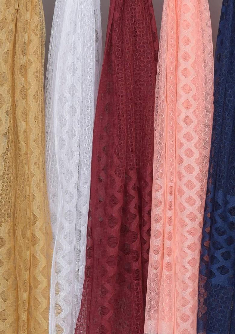 White Poly Blend Selection Of 5 Geometric Woven Design Dupatta