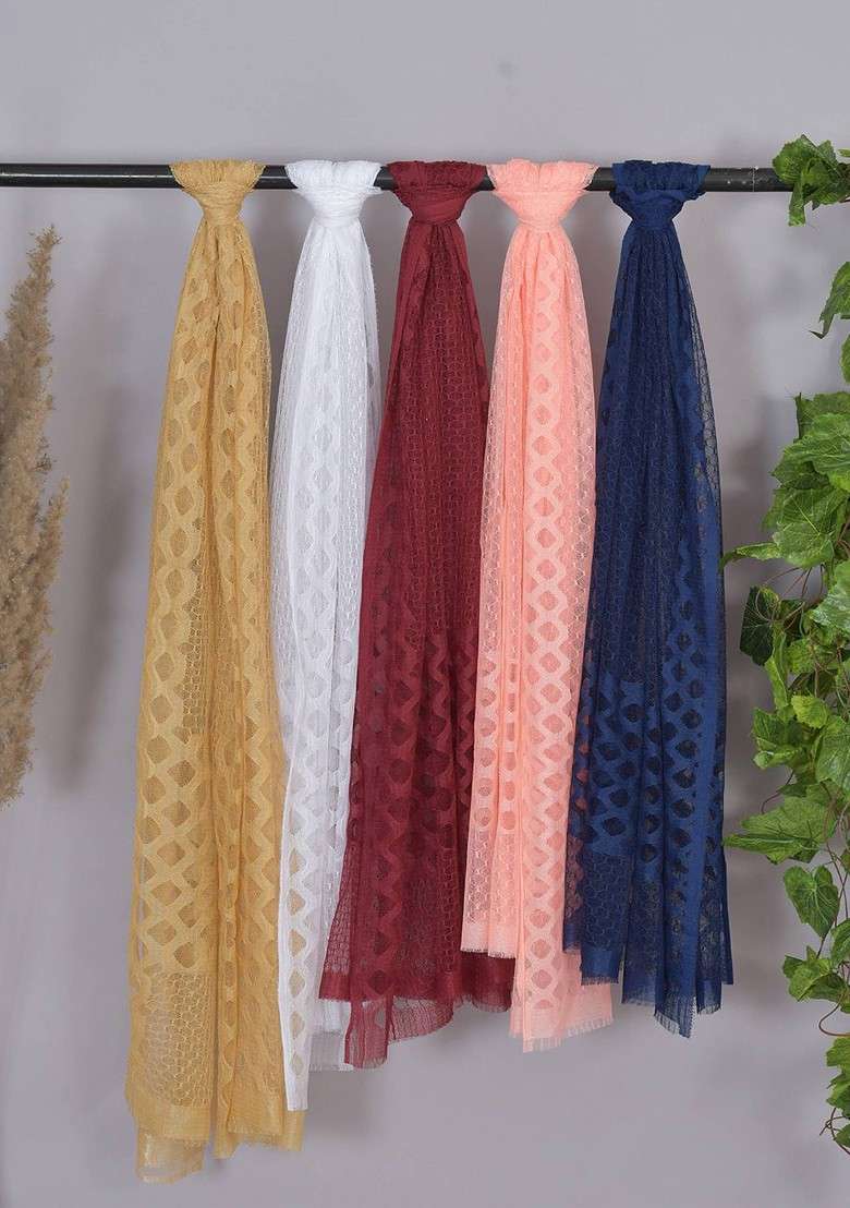 White Poly Blend Selection Of 5 Geometric Woven Design Dupatta - Indya