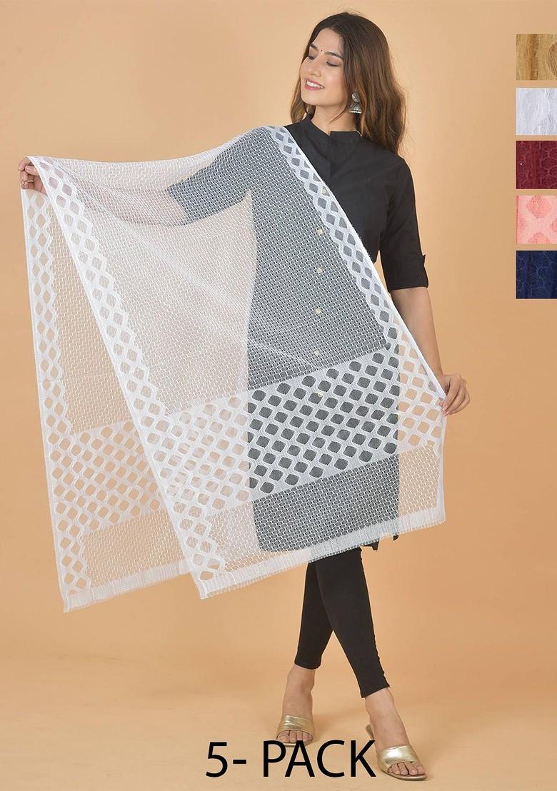 White Poly Blend Selection Of 5 Geometric Woven Design Dupatta