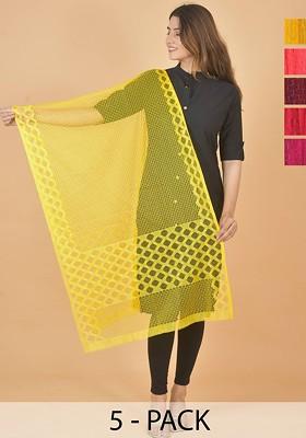 Yellow Poly Blend Selection Of 5 Geometric Woven Design Dupatta