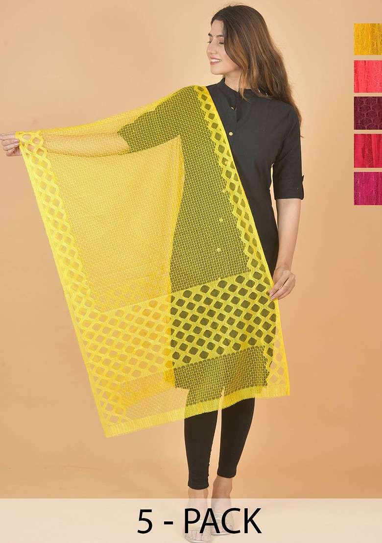 Yellow Poly Blend Selection Of 5 Geometric Woven Design Dupatta - Indya