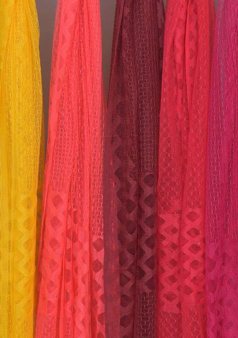 Yellow Poly Blend Selection Of 5 Geometric Woven Design Dupatta - Indya