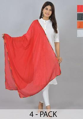 Black Poly Blend Pack Of 4 White Dupattas