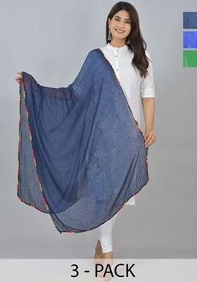 Blue Poly Blend Pack Of 3 White Dupattas