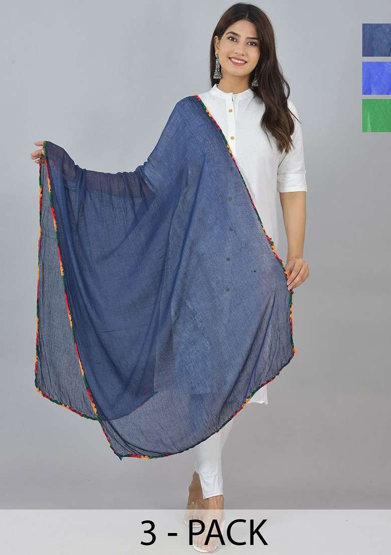 Blue Poly Blend Pack Of 3 White Dupattas - Indya