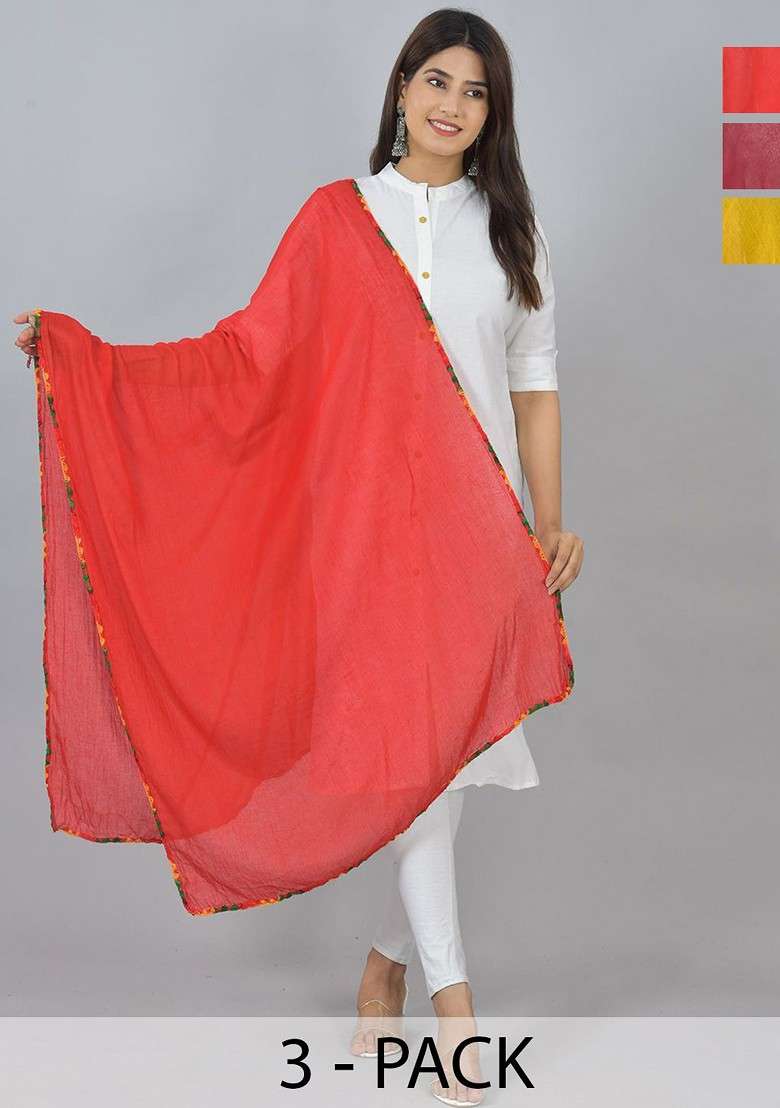 Yellow Poly Blend Pack Of 3 White Dupattas - Indya