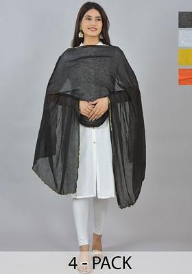 Yellow Poly Blend Pack Of 4 White Dupattas