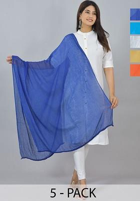 Orange Poly Blend Pack Of 5 White Dupattas