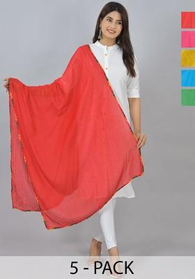 Red Poly Blend Pack Of 5 White Dupattas