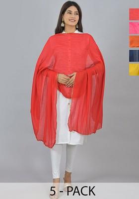 Yellow Poly Blend Pack Of 5 Whitetaping Border Dupatta