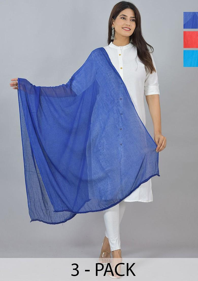 Blue Poly Blend Pack Of 3 White Dupattas