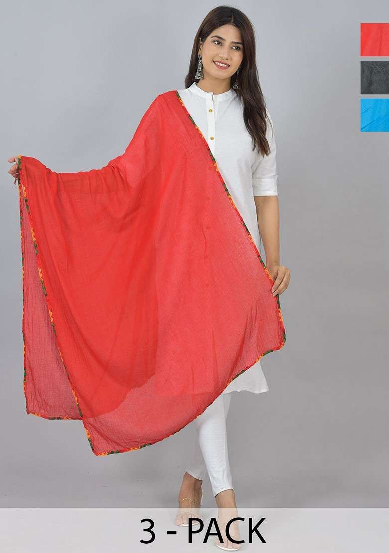 Black Poly Blend Pack Of 3 White Dupattas - Indya