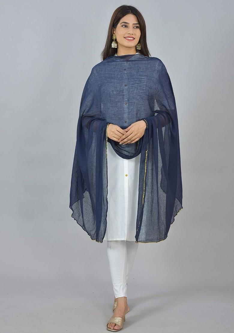Blue Poly Blend Pack Of 3 White Dupattas