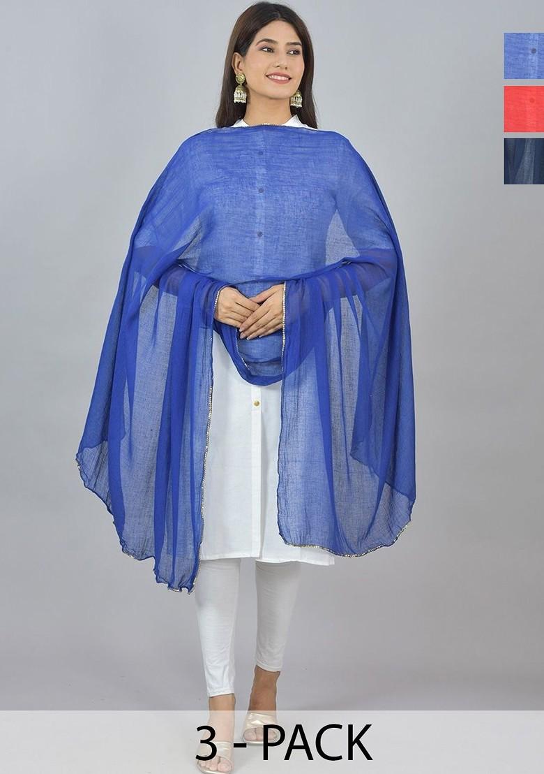 Blue Poly Blend Pack Of 3 White Dupattas