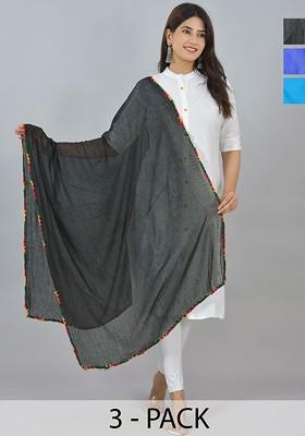 Blue Poly Blend Pack Of 3 White Dupattas