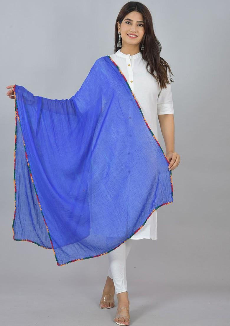Blue Poly Blend Pack Of 3 White Dupattas