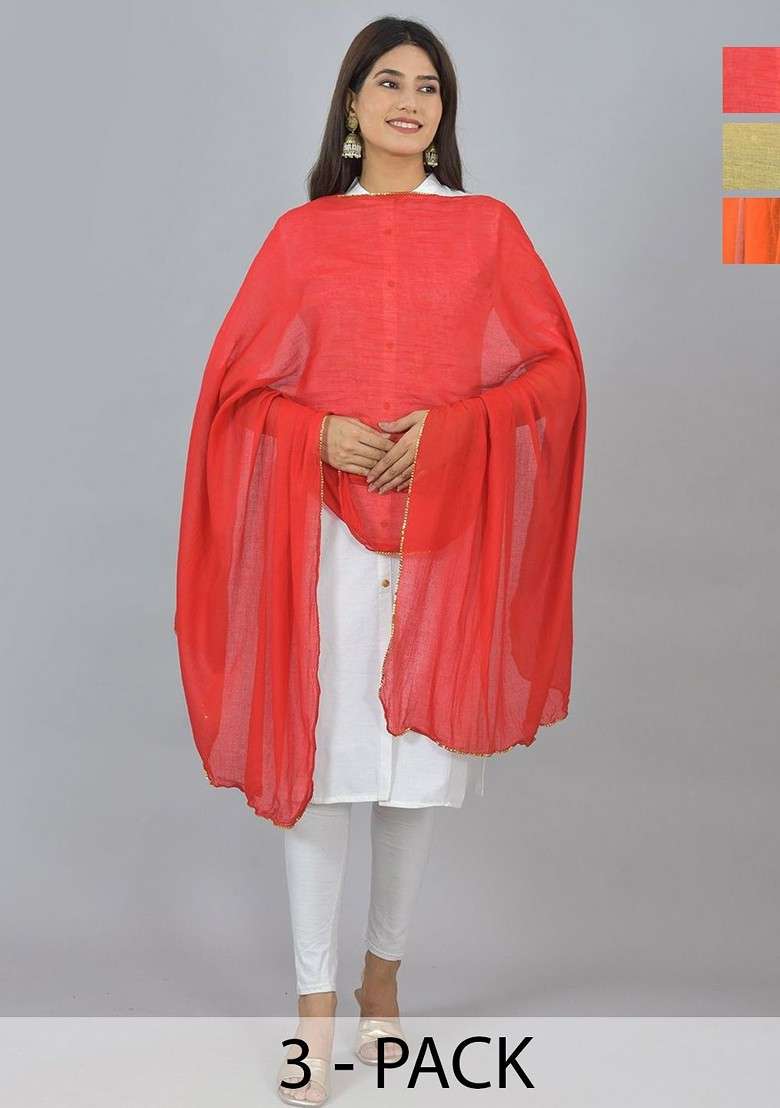 Red Poly Blend Pack Of 3 White Dupattas - Indya