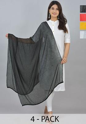 Yellow Poly Blend Pack Of 4 White Dupattas