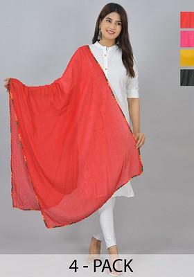 Yellow Poly Blend Pack Of 4 White Dupattas