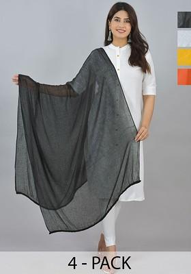 Yellow Poly Blend Pack Of 4 White Dupattas