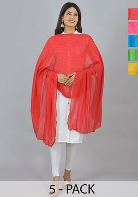 Red Poly Blend Pack Of 5 White Dupattas
