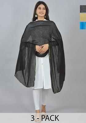 Blue Poly Blend Pack Of 3 White Dupattas