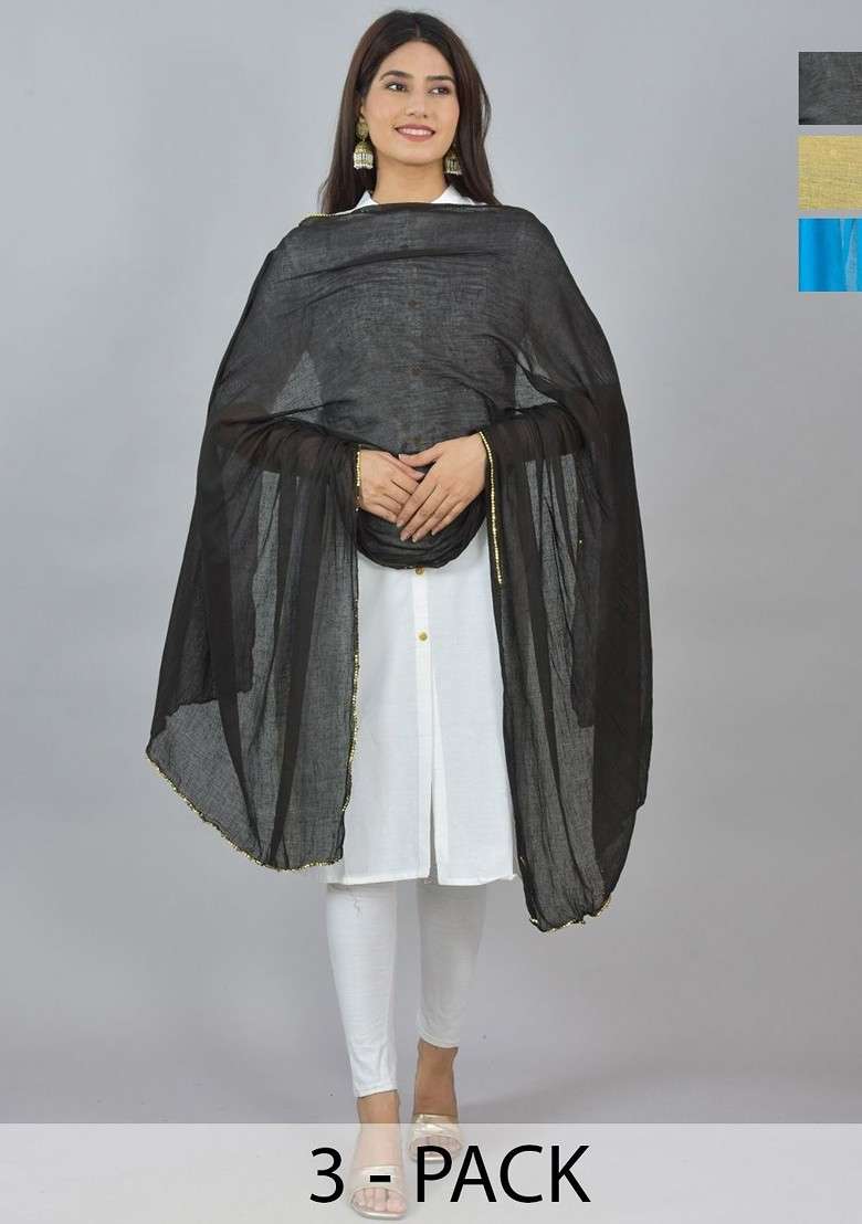 Blue Poly Blend Pack Of 3 White Dupattas - Indya
