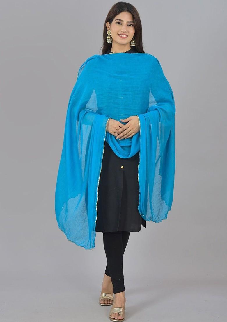 Blue Poly Blend Pack Of 3 White Dupattas