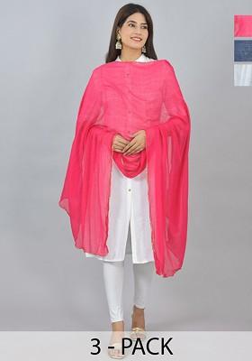 Pink Poly Blend Pack Of 3 White Dupattas