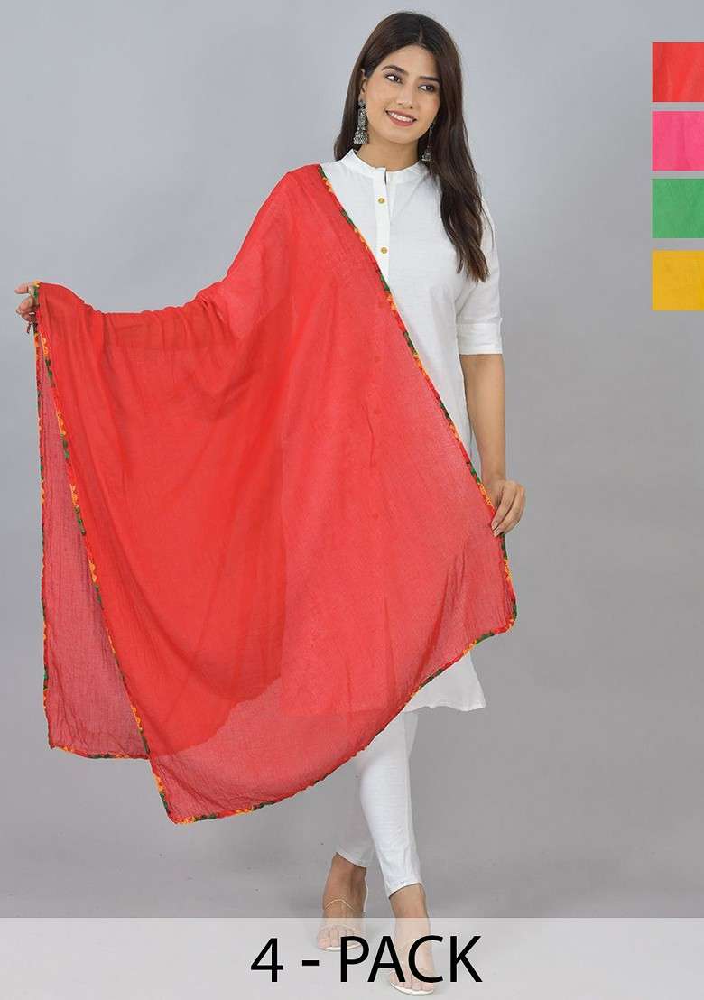 Yellow Poly Blend Pack Of 4 White Dupattas - Indya