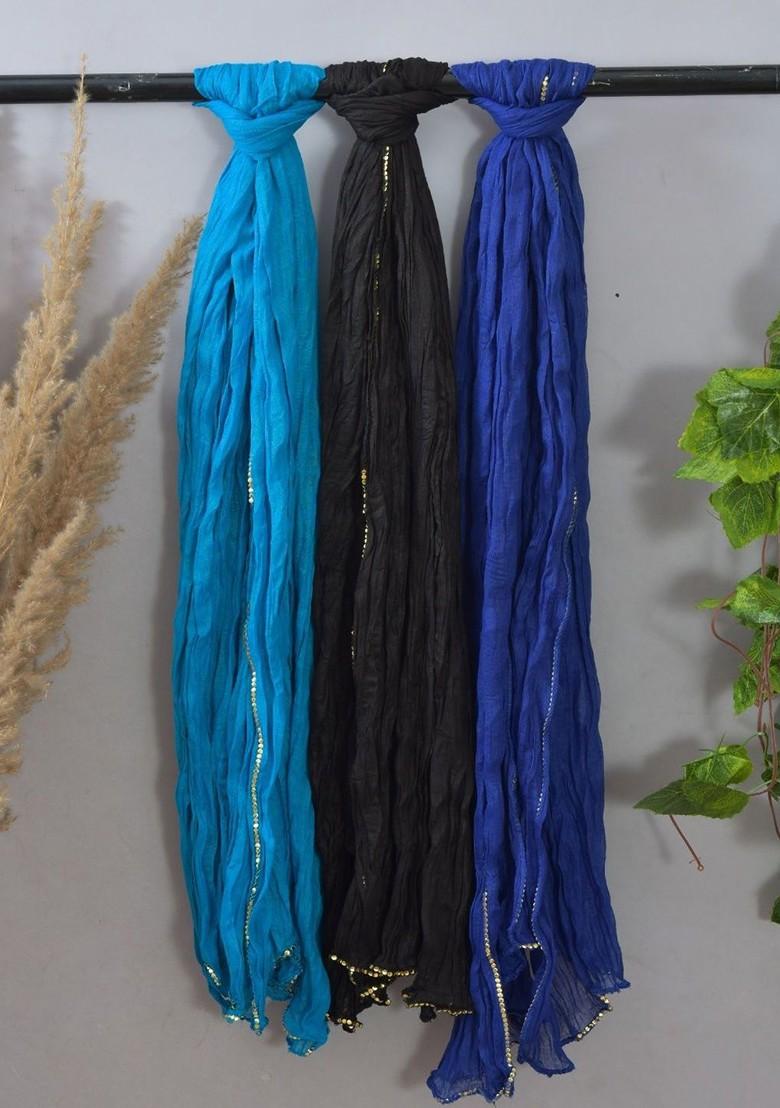 Blue Poly Blend Pack Of 3 White Dupattas