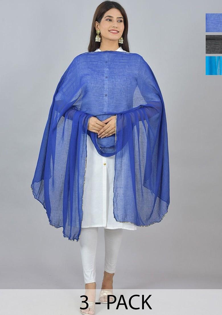 Blue Poly Blend Pack Of 3 White Dupattas
