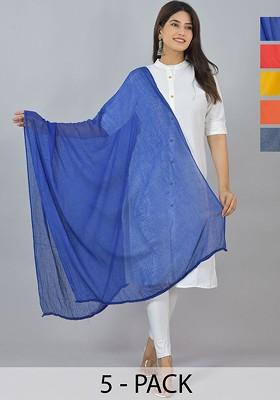 Orange Poly Blend Pack Of 5 White Dupattas